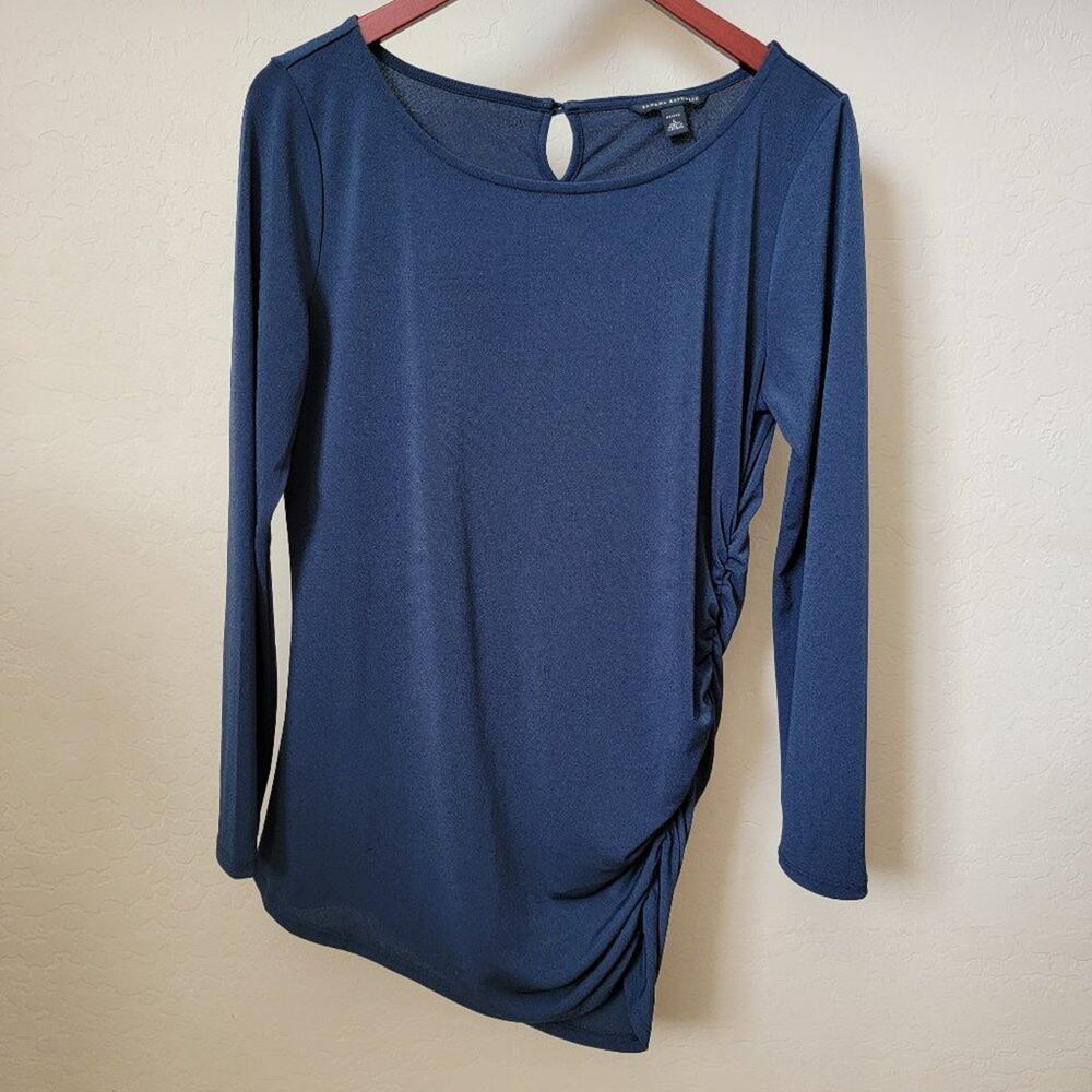 Banana Republic Petite Ruched Long Sleeve Navy Blue Top - Picture 2 of 12